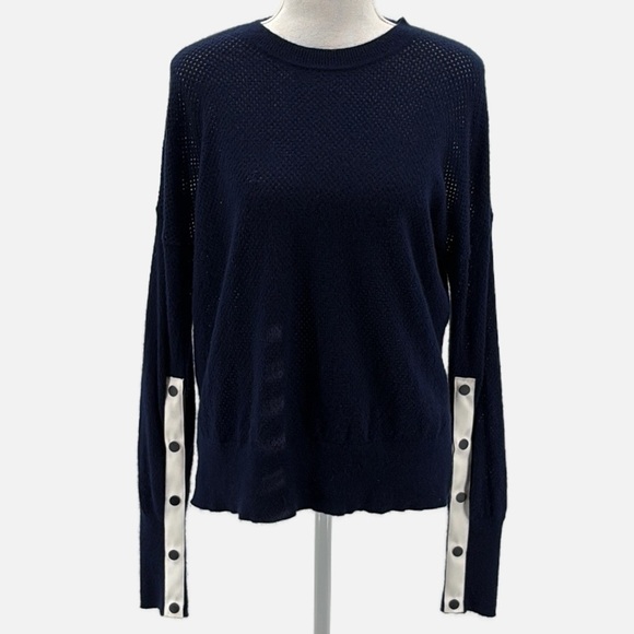 La Ligne Wool & Cashmere Snap Sleeve Meshed Sweater in Navy - Size Small-Repair - Picture 2 of 11